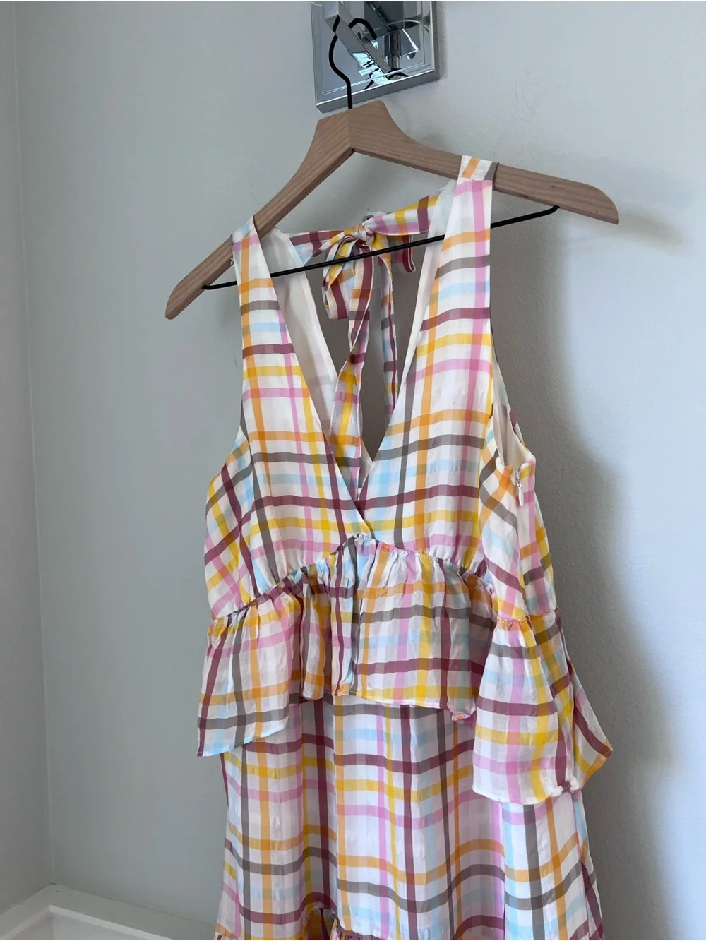 cinq a sept Pastel Plaid Tiered V-Neck Maxi Dress in Yellow and Pink - Picture 4 of 11